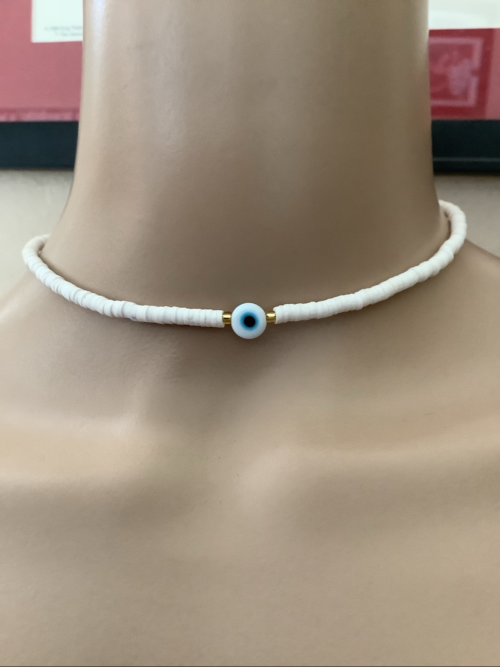 White Beaded Evil Eye Choker Necklace